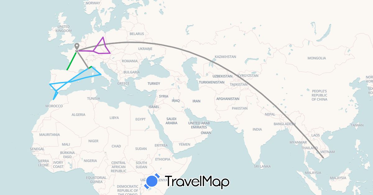 TravelMap itinerary: driving, bus, plane, train, boat in Austria, Czech Republic, Germany, Spain, France, Italy, Morocco, Portugal, Vietnam (Africa, Asia, Europe)